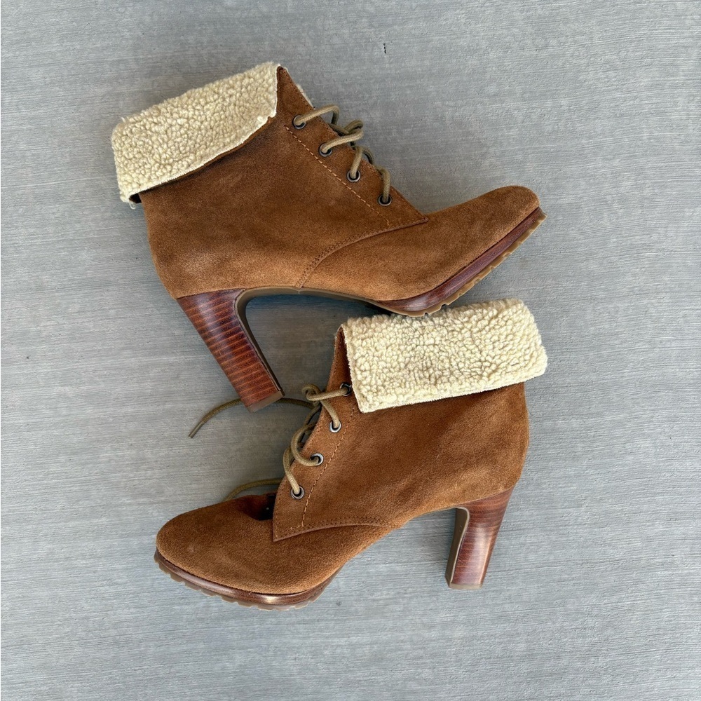 Alfani Tan Suede Leather Sherpa Lace-up Heeled Ankle Boots Size 8